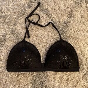 Venus Black Sequin Halter Bikini Top Triangle Padded Swimsuit Size D Cup